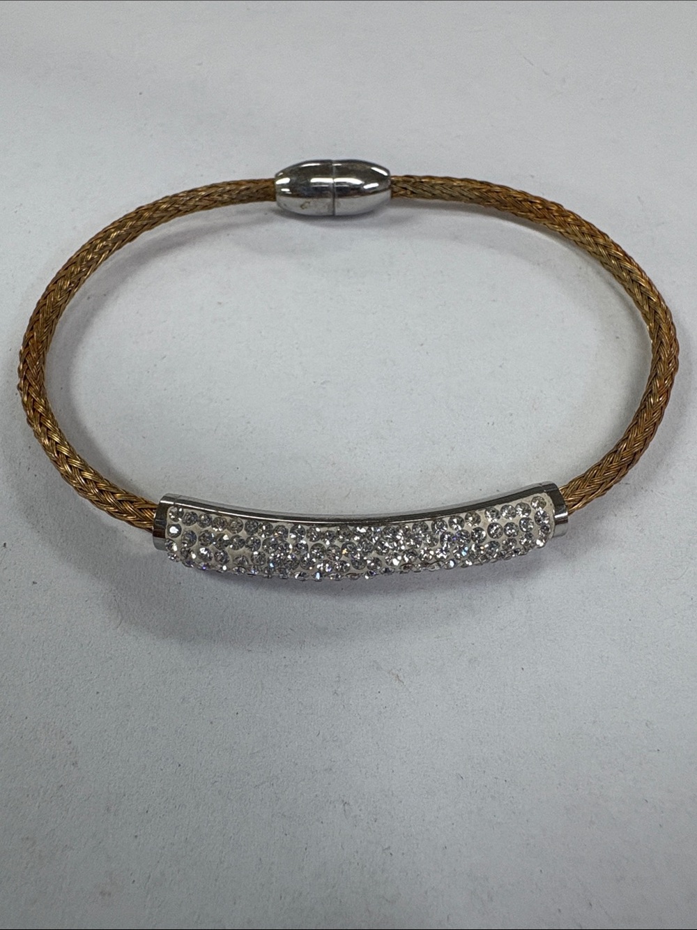 Gold Braided Cable Bracelet with Crystal Bar Accent